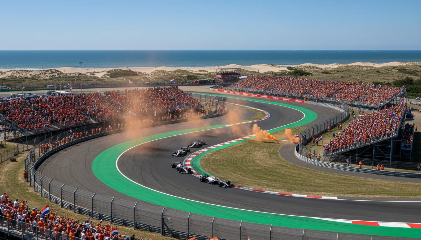 Circuit Zandvoort met de iconische banking en oranje tribunes
