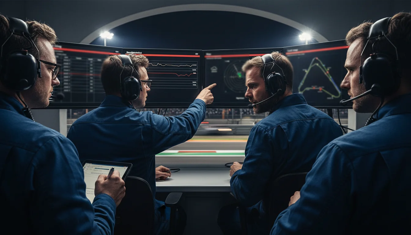 F1 pitwall met engineers die strategie bespreken
