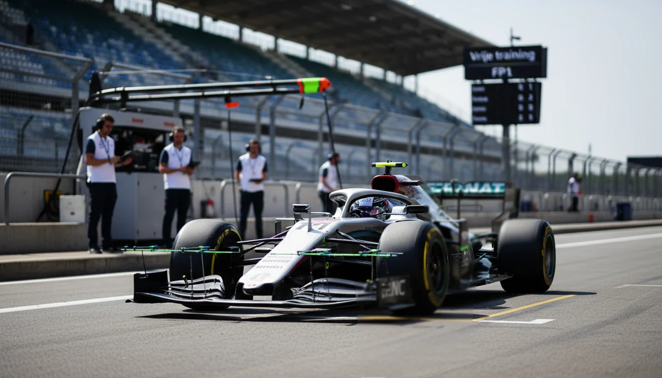 F1 auto tijdens vrije training sessie met data overlay