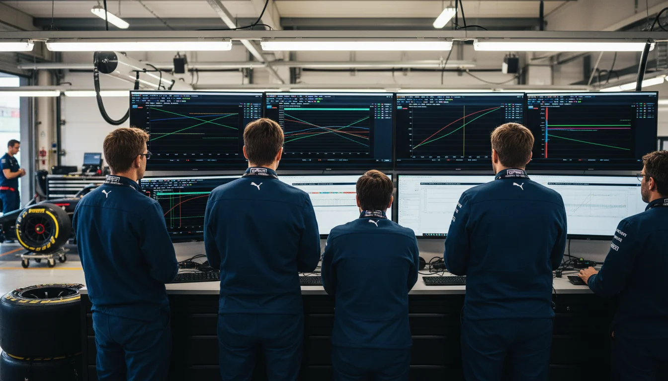 F1 team analyseert rondetijden tijdens vrije training