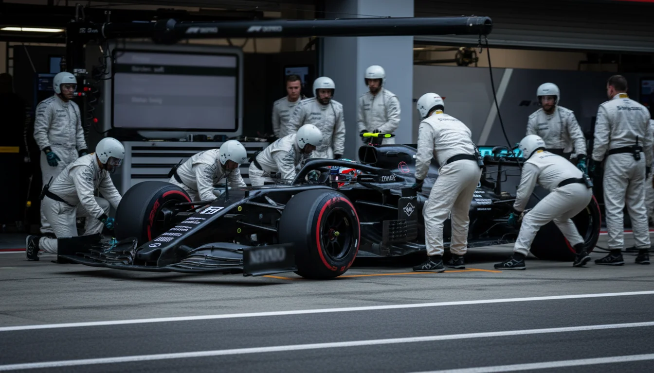 F1 pitstop met team dat banden wisselt