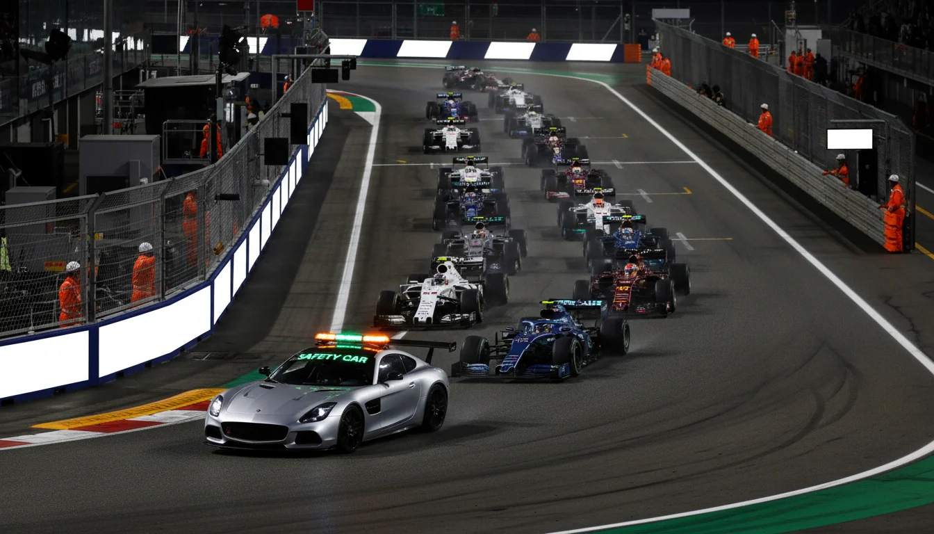 F1 safety car voor het veld tijdens een neutralisatie