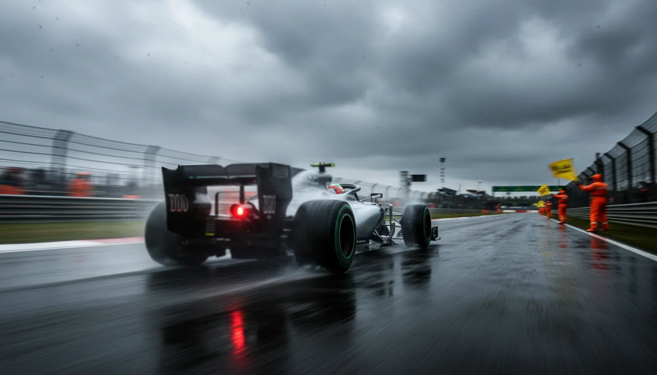 F1 race in natte omstandigheden met regen